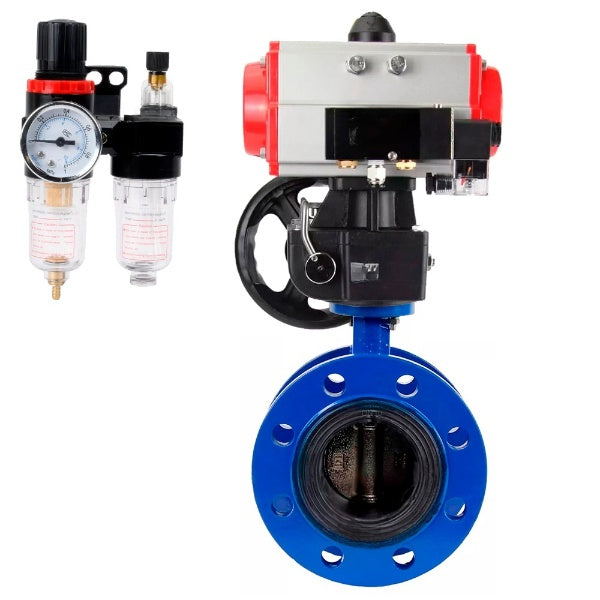 Wasser-Schmetterlingsventil Elephant WBV1331E-2W-F-H, Gehäusematerial - Gusseisen GGG40/EN-GJS-400-15, Scheibenmaterial - Edelstahl AISI 304, Dichtung - EPDM, pneumatischer Antrieb PA-DA Doppelwirkung, 4M310-08 220V Handrad MON, ATU AFC2000