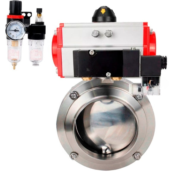 Water Butterfly valves Elephant WBV3131E-2W-W-H, body material - stainless steel AISI 304, seal - EPDM, with pneumatic actuator PA-DA, pneumatic distributor 4M310-08 NAMUR 24V, ATU AFC2000