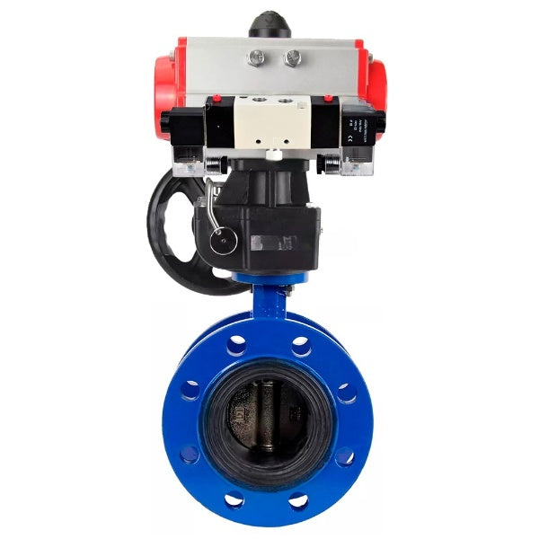 Wasser-Schmetterlingsventil Elephant WBV1331E-2W-F-H, Gehäusematerial - Gusseisen GGG40/EN-GJS-400-15, Scheibenmaterial - Edelstahl AISI 304, Dichtung - EPDM, pneumatischer Antrieb PA-DA Doppelwirkung, 4V320-08 220V, Handrad MON
