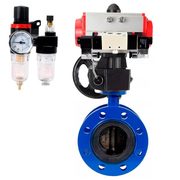 Wasser-Schmetterlingsventil Elephant WBV1331E-2W-F-H, Gehäusematerial - Gusseisen GGG40/EN-GJS-400-15, Scheibenmaterial - Edelstahl AISI 304, Dichtung - EPDM, pneumatischer Antrieb PA-DA Doppelwirkung, 4V320-08 220V, Handrad MON, ATU AFC2000