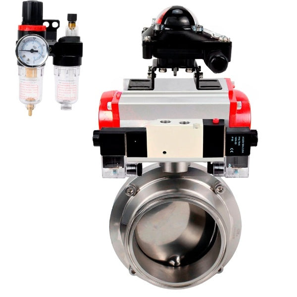 Water Butterfly valves Elephant WBV3131E-2W-C-H, body material - stainless steel AISI 304, seal - EPDM, with pneumatic actuator PA-DA-052 double action, 4V320-10 220V, LSU APL-210N, ATU AFC2000