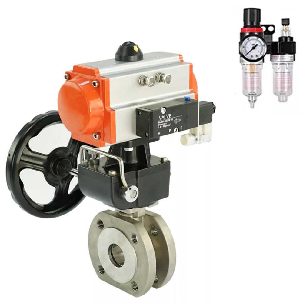 Kugelhähne Elephant BV3232P-FP-Fb-ISO-H, Gehäusematerial - Edelstahl AISI 316, Dichtung - PTFE / PTFE / Teflon, mit pneumatischem Doppelwirkungsantrieb PA-DA, 4V320-10 220V, Handrad MON, ATU AFC2000