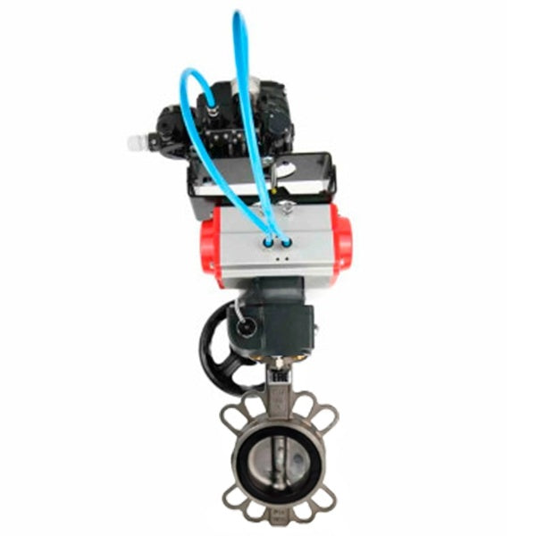 Water Butterfly Valve Elephant WBV3131V-2W-Fb-H, Gehäusematerial - Edelstahl AISI 304, Scheibenmaterial - Edelstahl AISI 304, Dichtung - Viton, pneumatischer Antrieb PA-DA Doppelwirkung, Positionsregler YT-1000RSN ohne Rückmeldung, Handrad MON,