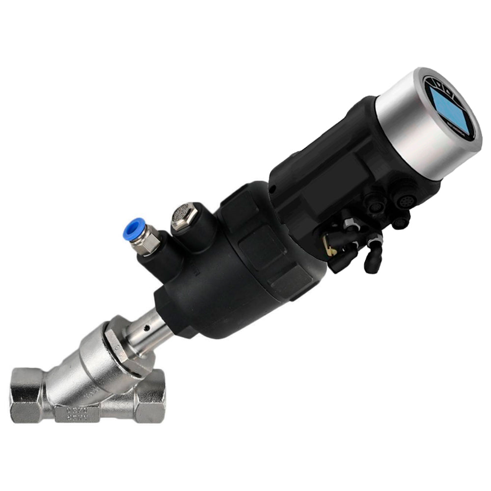 Pneumatic shut-off valves Elephant VSP324PV-T-1PNC, body - stainless steel SS316, threaded, Y-shaped, with electropneumatic intelligent positioner EIP-1600 (stroke 25-50mm)