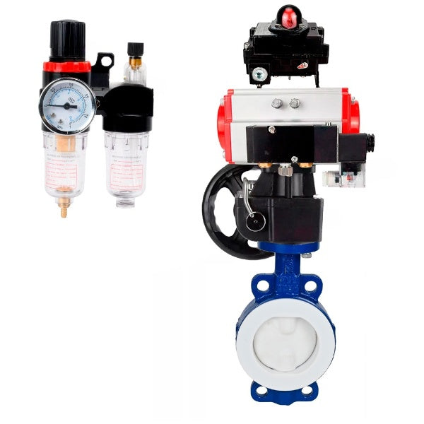 Wasser-Schmetterlingsventil Elephant WBV3434Pf-2W-Fb-H, Gehäusematerial - Kohlenstoffstahl, Scheibenmaterial - Kohlenstoffstahl, Dichtung - PTFE, pneumatischer Antrieb PA-DA Doppelwirkung, 4M310-08 220V, LSU APL-410N EX, Handrad MON, ATU AFC2000