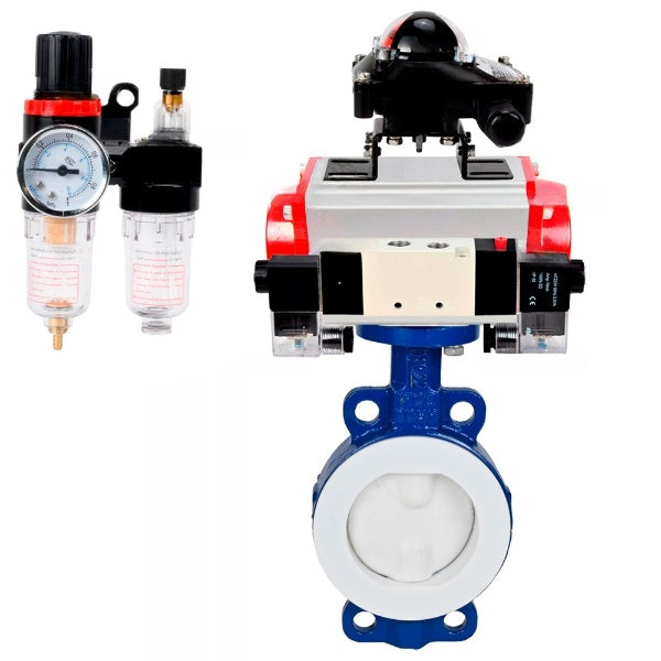 Wasser-Schmetterlingsventil Elephant WBV3434Pf-2W-Fb-H, Gehäusematerial - Kohlenstoffstahl, Scheibenmaterial - Kohlenstoffstahl, Dichtung - PTFE, pneumatischer Antrieb PA-DA Doppelwirkung, 4V320-10 220V, LSU APL-210N ATU AFC2000