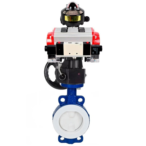 Wasser-Schmetterlingsventil Elephant WBV3434Pf-2W-Fb-H, Gehäusematerial - Kohlenstoffstahl, Scheibenmaterial - Kohlenstoffstahl, Dichtung - PTFE, pneumatischer Antrieb PA-DA Doppelwirkung, 4V320-08 220V, LSU APL-510N EX, Handrad MON,