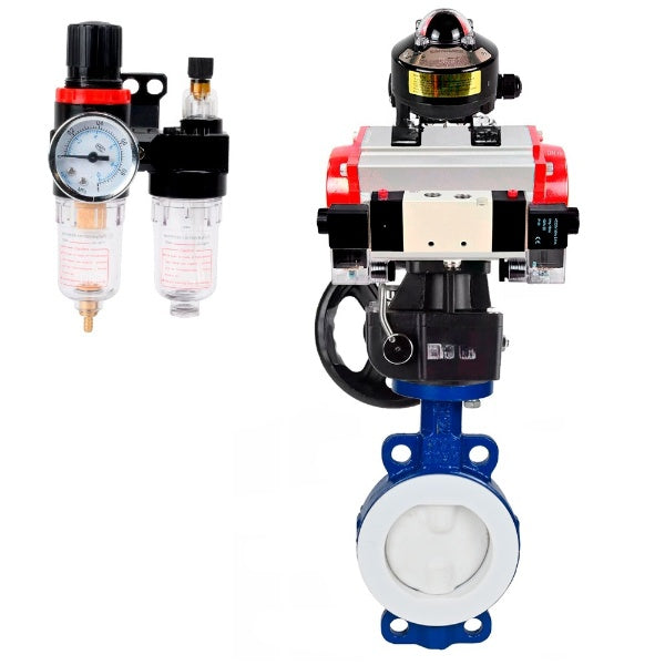 Wasser-Schmetterlingsventil Elephant WBV3434Pf-2W-Fb-H, Gehäusematerial - Kohlenstoffstahl, Scheibenmaterial - Kohlenstoffstahl, Dichtung - PTFE, pneumatischer Antrieb PA-DA Doppelwirkung, 4V320-10 220V, LSU APL-510N EX, Handrad MON, ATU AFC2000