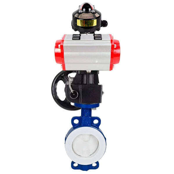 Wasser-Schmetterlingsventil Elephant WBV3434Pf-2W-Fb-H, Gehäusematerial - Kohlenstoffstahl, Scheibenmaterial - Kohlenstoffstahl, Dichtung - PTFE, pneumatischer Antrieb PA-DA Doppelwirkung, LSU APL-510N EX, Handrad MON,