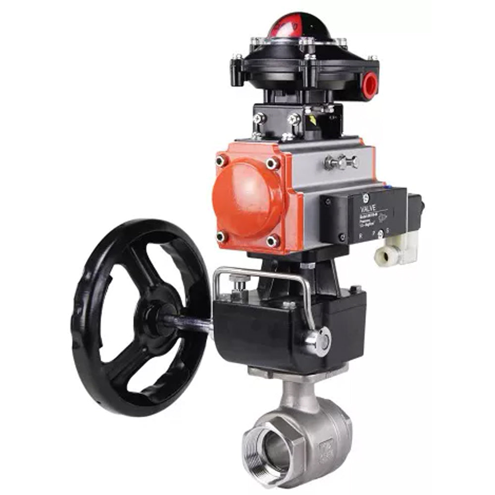 Kugelhähne Elephant BV3232P(2 Stück)-FP-T-ISO-H, Gehäusematerial - Edelstahl AISI 316, Dichtung - PTFE / PTFE / Teflon, mit pneumatischem Doppelwirkungsantrieb PA-DA, 4V320-10 220V, LSU APL-410N Ex, Handrad MON