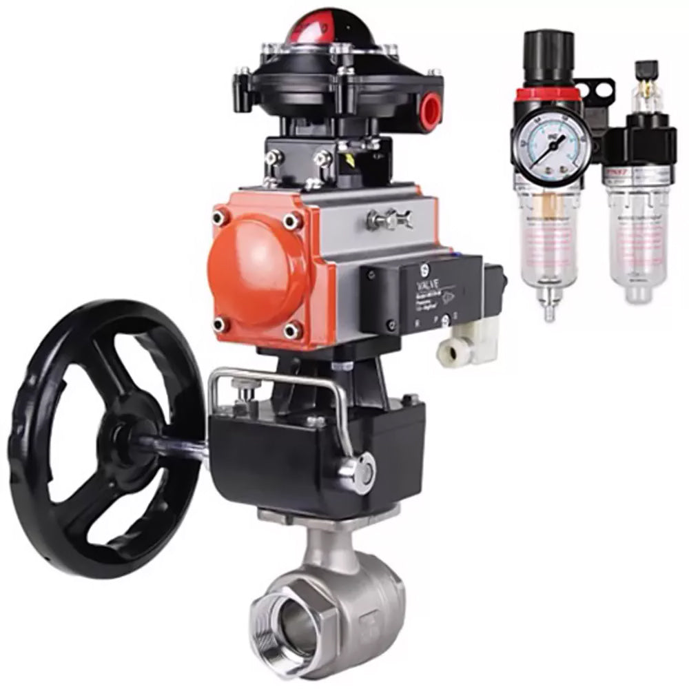 Kugelhähne Elephant BV3232P(2 Stück)-FP-T-ISO-H, Gehäusematerial - Edelstahl AISI 316, Dichtung - PTFE / PTFE / Teflon, mit pneumatischem Doppelwirkungsantrieb PA-DA, 4V320-10 220V, LSU APL-210N, Handrad MON, ATU AFC2000