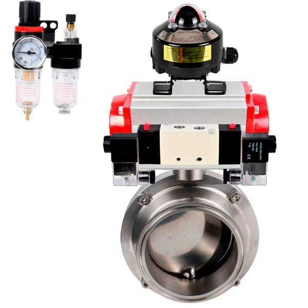 Water Butterfly valves Elephant WBV3131E-2W-C-H, body material - stainless steel AISI 304, seal - EPDM, with pneumatic actuator PA-SA, pneumatic distributor 4V320-08 220V, LSU APL-510N EX, ATU AFC2000