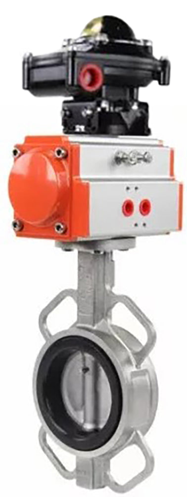 Wasser-Drosselklappe Elephant WBV3232N-2W-Fb Gehäusematerial - Edelstahl aisi 316l, Scheibenmaterial - Edelstahl aisi 316l, Dichtung - NBR mit doppeltwirkendem pneumatischen Antrieb DA und Endschalterblock APL-510N-EX