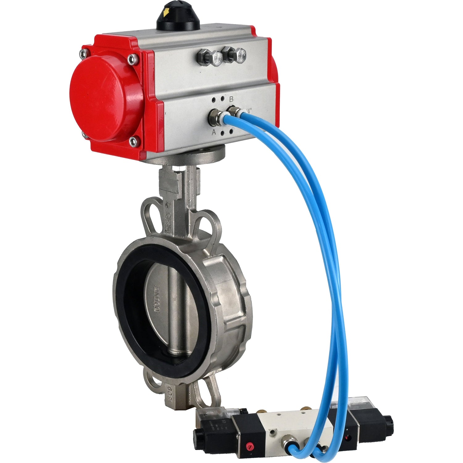 Water Butterfly Valve Elephant WBV3232N-2W-Fb-H, Gehäusematerial - Edelstahl AISI 316L, Scheibenmaterial - Edelstahl AISI 316L, Dichtung - NBR, mit pneumatischem Doppelwirkungsantrieb PA-DA, 4V320-10 220V