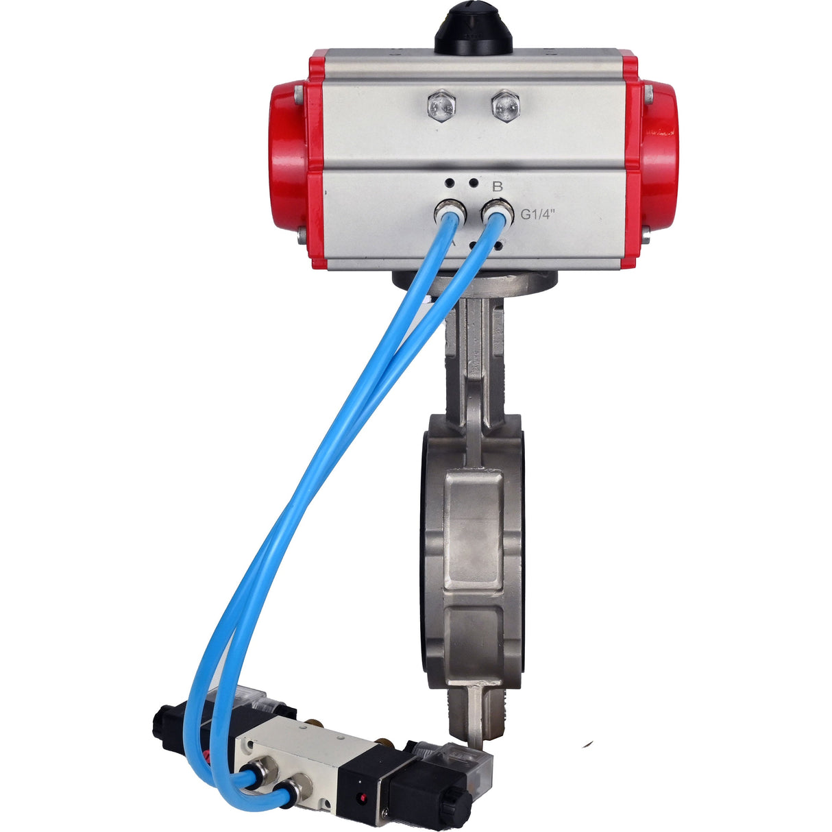 Water Butterfly Valve Elephant WBV3232V-2W-Fb-H, Gehäusematerial - Edelstahl AISI 316L, Scheibenmaterial - Edelstahl AISI 316L, Dichtung - Viton, mit pneumatischem Doppelwirkungsantrieb PA-DA, 4V320-08 220V