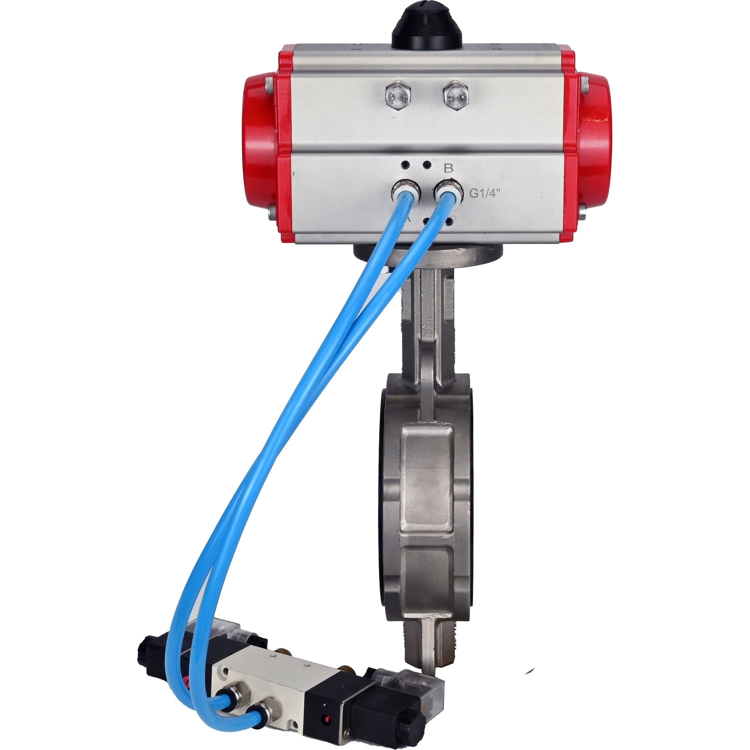 Water Butterfly Valve Elephant WBV3232V-2W-Fb-H, Gehäusematerial - Edelstahl AISI 316L, Scheibenmaterial - Edelstahl AISI 316L, Dichtung - Viton, mit pneumatischem Doppelwirkungsantrieb PA-DA, 4V320-08 220V