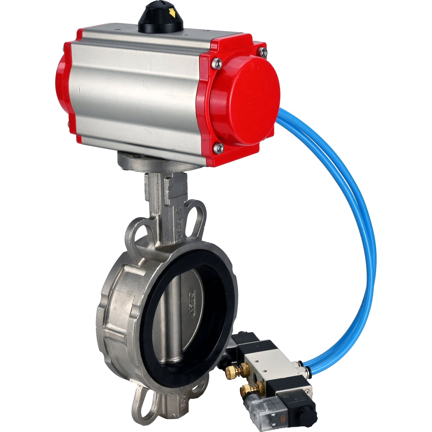 Wasser-Schmetterlingsventil Elephant WBV3232E-2W-Fb-H, Gehäusematerial - Edelstahl AISI 316L, Scheibenmaterial - Edelstahl AISI 316L, Dichtung - EPDM, mit pneumatischem Doppelwirkungsantrieb PA-DA, 4V320-10 220V