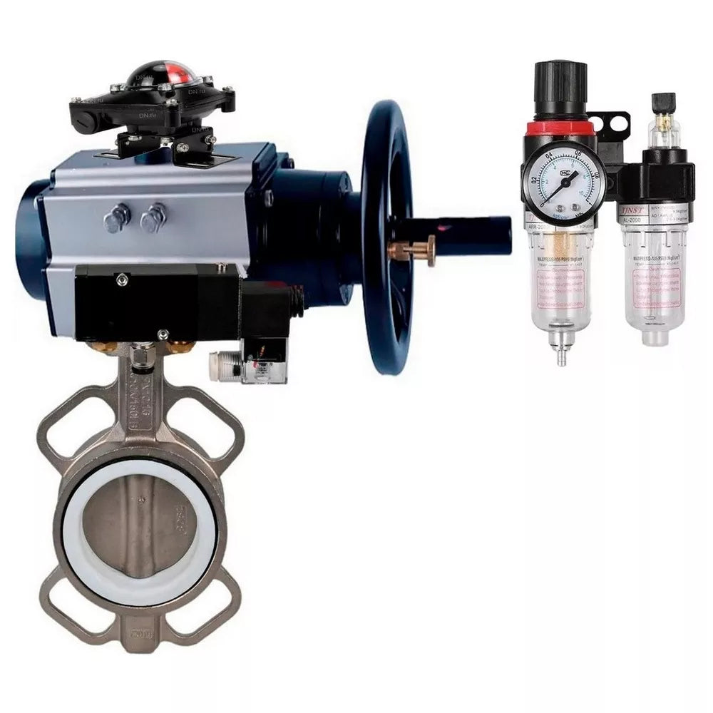 Water Butterfly Valve Elephant WBV3232V-2W-Fb-H, Gehäusematerial - Edelstahl AISI 316L, Scheibenmaterial - Edelstahl AISI 316L, Dichtung - Viton, mit pneumatischem Doppelwirkungsantrieb PA-DA-105-1, 4V320-08 220V, LSU APL-510N-EX, ATU AFC2000