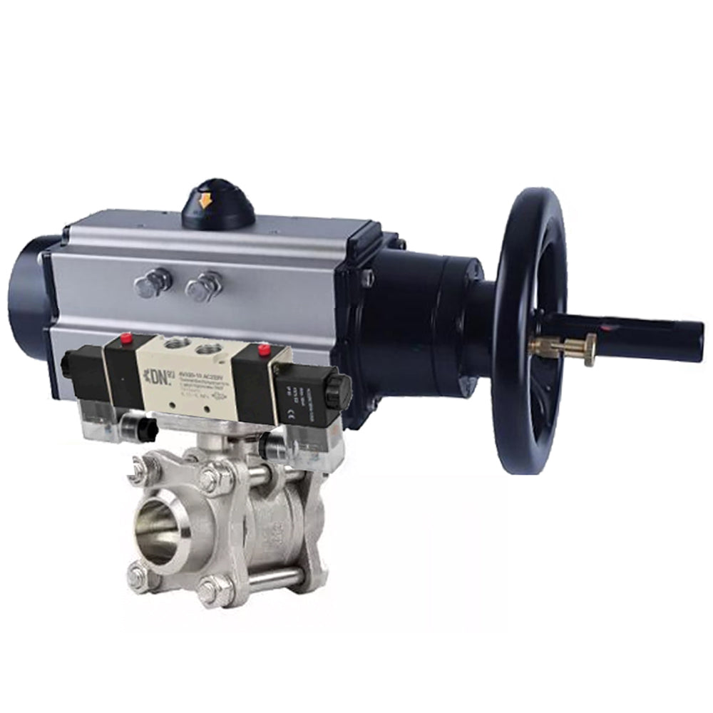 Kugelhähne Elephant BV3232P(3pc)-FP-W-ISO-H, Gehäusematerial - Edelstahl AISI 316, Dichtung - PTFE / PTFE / Teflon, mit pneumatischem Doppelwirkungsantrieb PA-DA-105-1, 4V320-08 220V