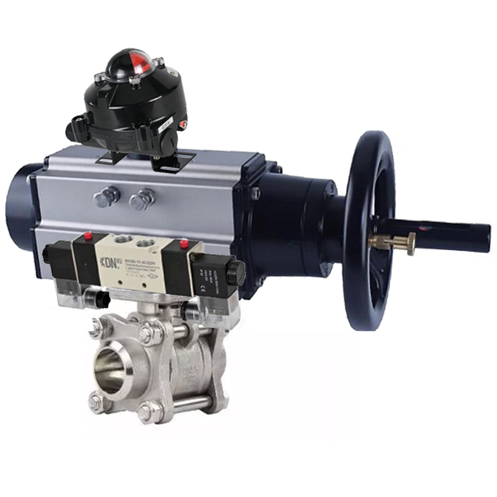 Kugelhähne Elephant BV3232P(3pc)-FP-W-ISO-H, Gehäusematerial - Edelstahl AISI 316, Dichtung - PTFE / PTFE / Teflon, mit pneumatischem Doppelwirkungsantrieb PA-DA-105-1, 4V320-10 220V, LSU APL-210N