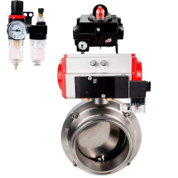 Water Butterfly valves Elephant WBV3131E-2W-C-H, body material - stainless steel AISI 304, seal - EPDM, with pneumatic actuator PA-SA, pneumatic distributor 4M310-08 24V, LSU APL-410N EX, ATU AFC2000