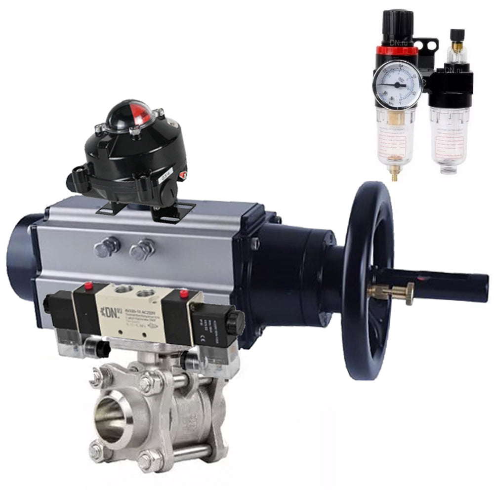 Kugelhähne Elephant BV3232P(3pc)-FP-W-ISO-H, Gehäusematerial - Edelstahl AISI 316, Dichtung - PTFE / PTFE / Teflon, mit pneumatischem Doppelwirkungsantrieb PA-DA-105-1, 4V320-08 220V, LSU APL-410N Ex, ATU AFC2000