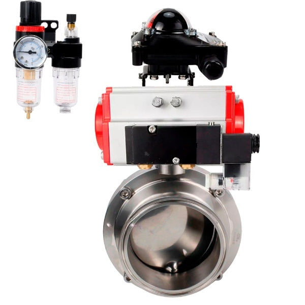 Water Butterfly valves Elephant WBV3131S-2W-C-H, body material - stainless steel AISI 304, seal - Silicon, with pneumatic actuator PA-DA, pneumatic distributor 4M310-08 NAMUR 220V, LSU APL-210N, ATU AFC2000