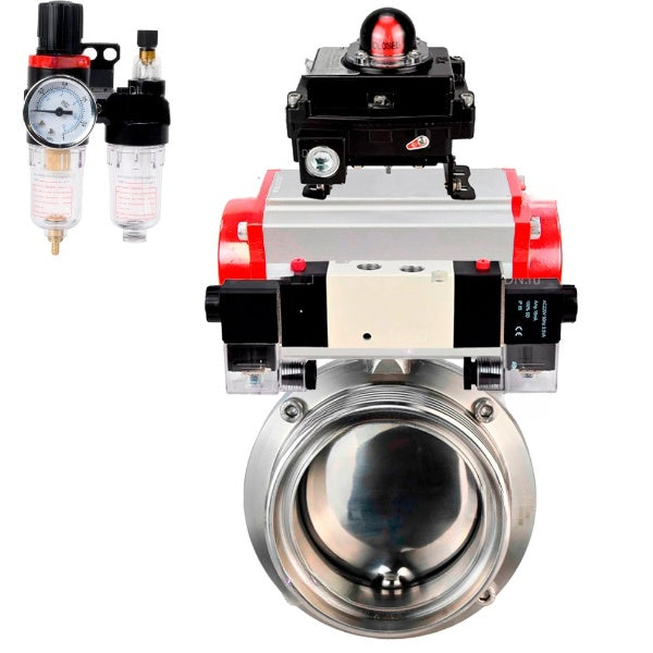 Water Butterfly valves Elephant WBV3131E-2W-T-H, body material - stainless steel AISI 304, seal - EPDM, with pneumatic actuator PA-DA-052 double action, 4V320-10 220V, LSU APL-410N EX, ATU AFC2000