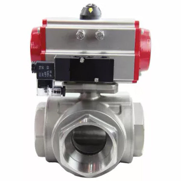 Kugelhähne Elephant BV3232P(4pc)-SP-3WL-T-ISO-H, Gehäusematerial - Edelstahl AISI 316, Dichtung - PTFE / PTFE / Teflon, mit pneumatischem Doppelwirkungsantrieb PA-DA, 4V320-08 220V