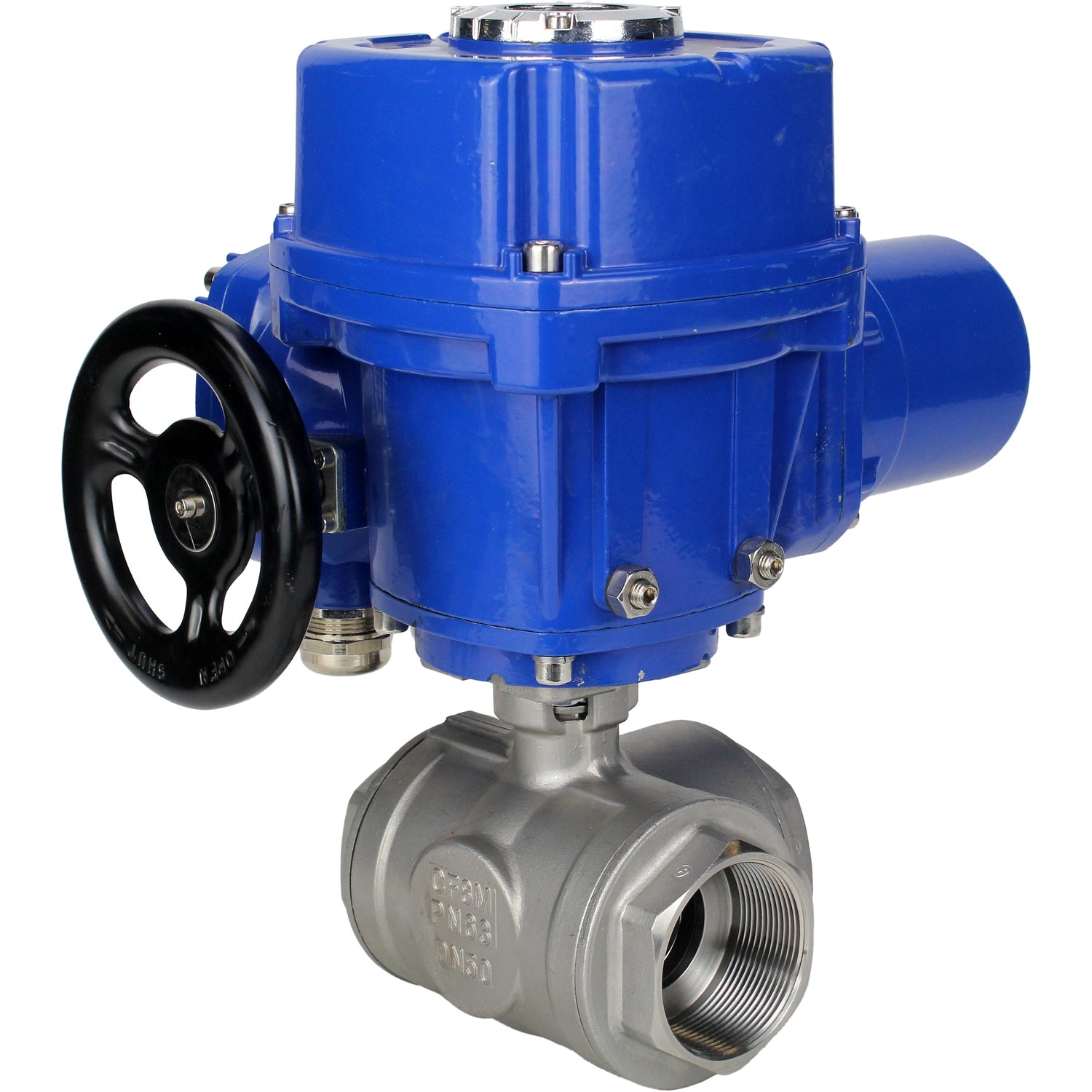 Edelstahl-Kugelhahn Elephant RP.SS316.200.MM.ISO 914 PSI mit Gewinde, Standardanschluss, Dreiweg, L-Typ, Gehäusematerial - Edelstahl AISI 316, mit elektrischem Schwenkantrieb Elephant QT-W (M) 220V