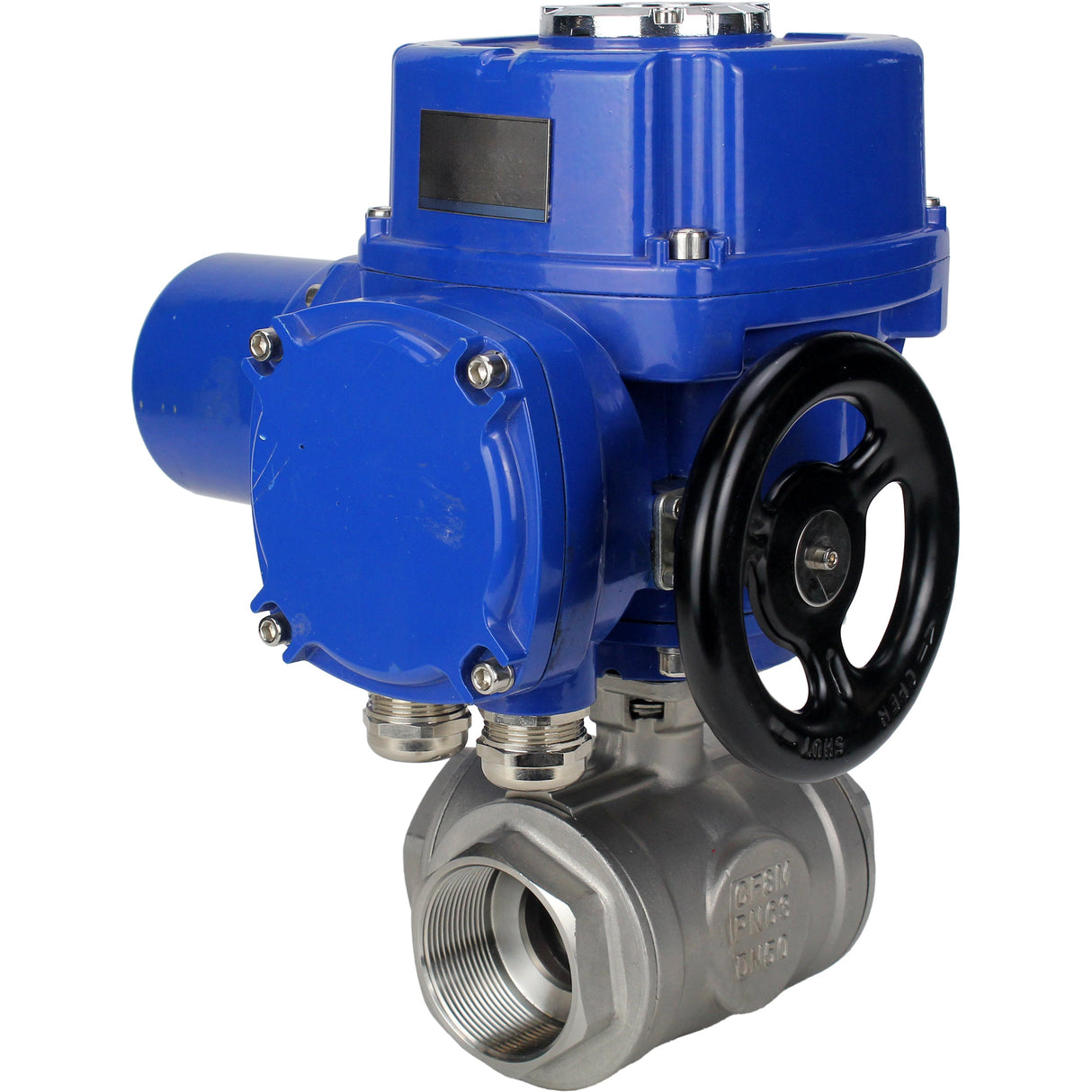 Edelstahl-Kugelhahn Elephant RP.SS316.200.MM.ISO 914 PSI mit Gewinde, Standardanschluss, Dreiweg, L-Typ, Gehäusematerial - Edelstahl AISI 316, mit elektrischem Schwenkantrieb Elephant QT-W (M) 220V