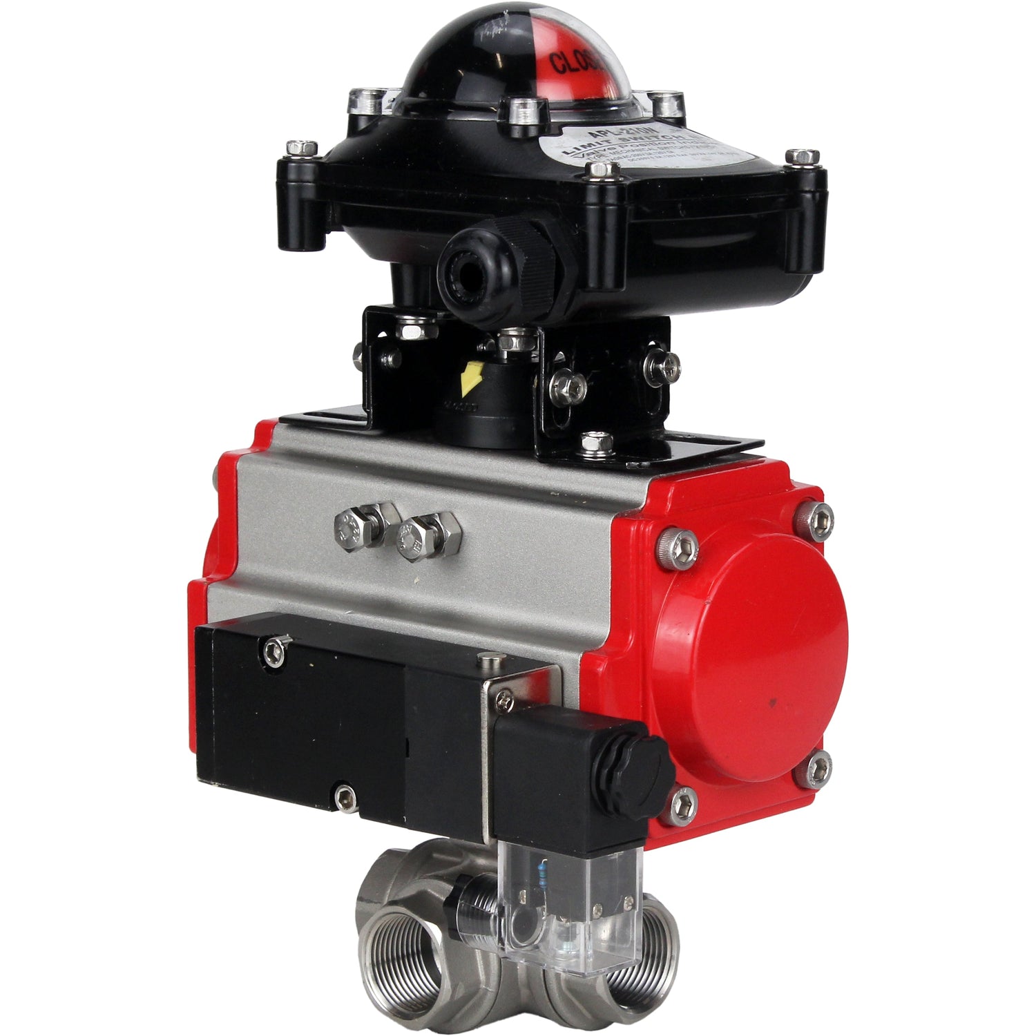 Kugelhahn aus Edelstahl Elephant 3h-l-rpss316200mm-iso-pnevpr-sa-rasp-24v-lsu, Gehäusematerial - Edelstahl AISI 316, Kugelmaterial - Edelstahl AISI 316, Dichtung - PTFE, pneumatisch betätigter Antrieb