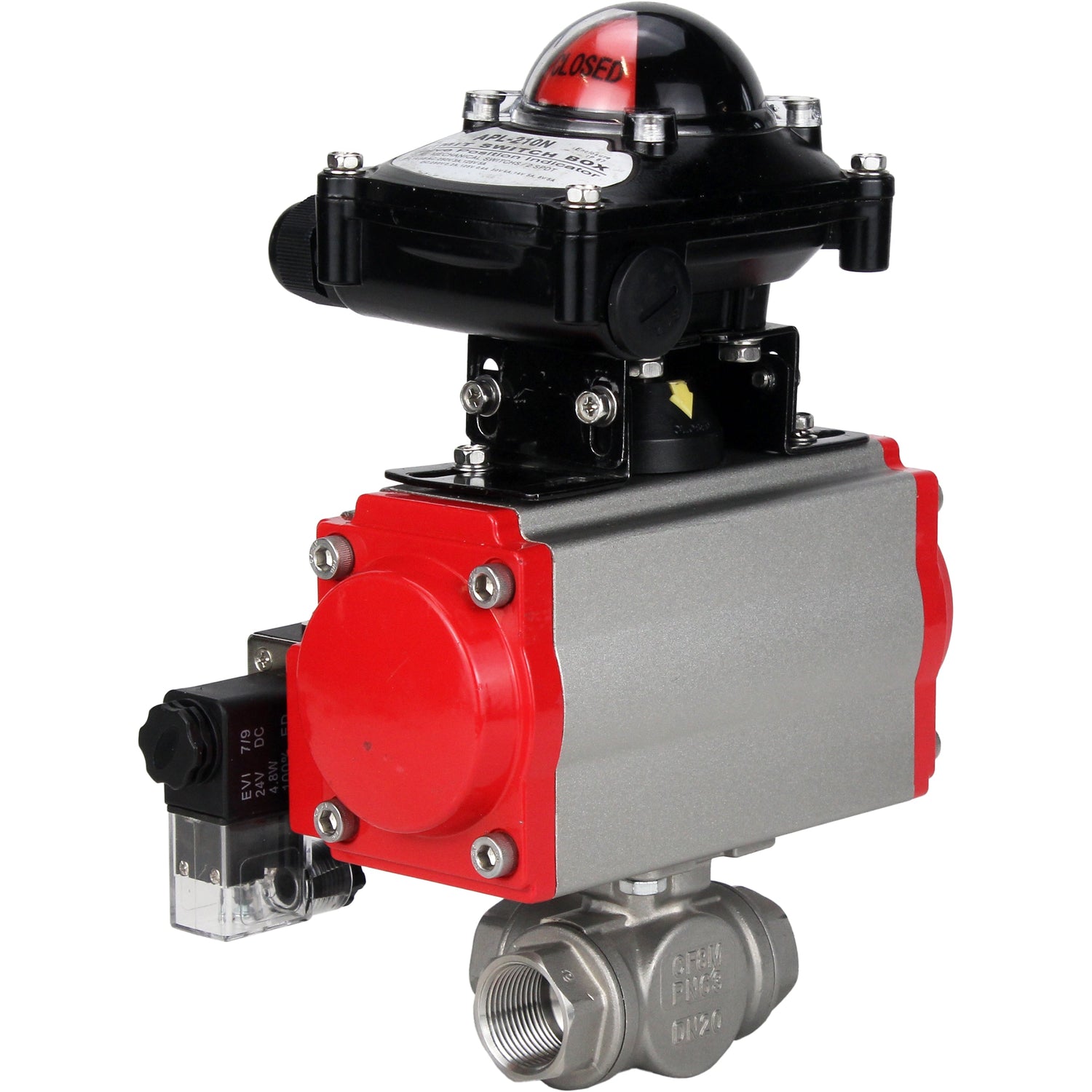 Kugelhahn aus Edelstahl Elephant 3h-l-rpss316200mm-iso-pnevpr-sa-rasp-24v-lsu, Gehäusematerial - Edelstahl AISI 316, Kugelmaterial - Edelstahl AISI 316, Dichtung - PTFE, pneumatisch betätigter Antrieb