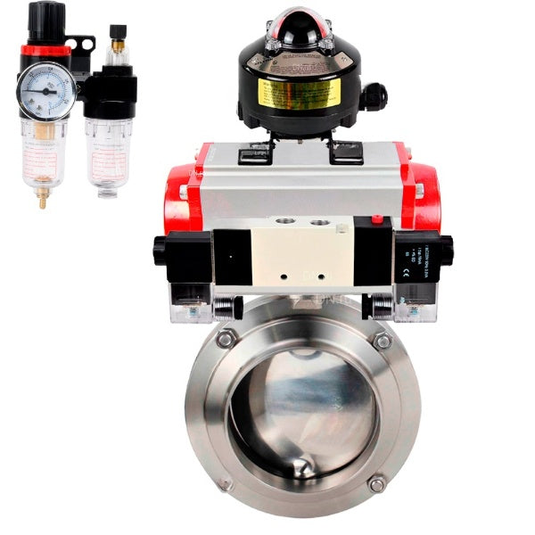 Water Butterfly valves Elephant WBV3131E-2W-W-H, body material - stainless steel AISI 304, seal - EPDM, with pneumatic actuator PA-SA, pneumatic distributor 4V320-08 220V, LSU APL-510N EX, ATU AFC2000