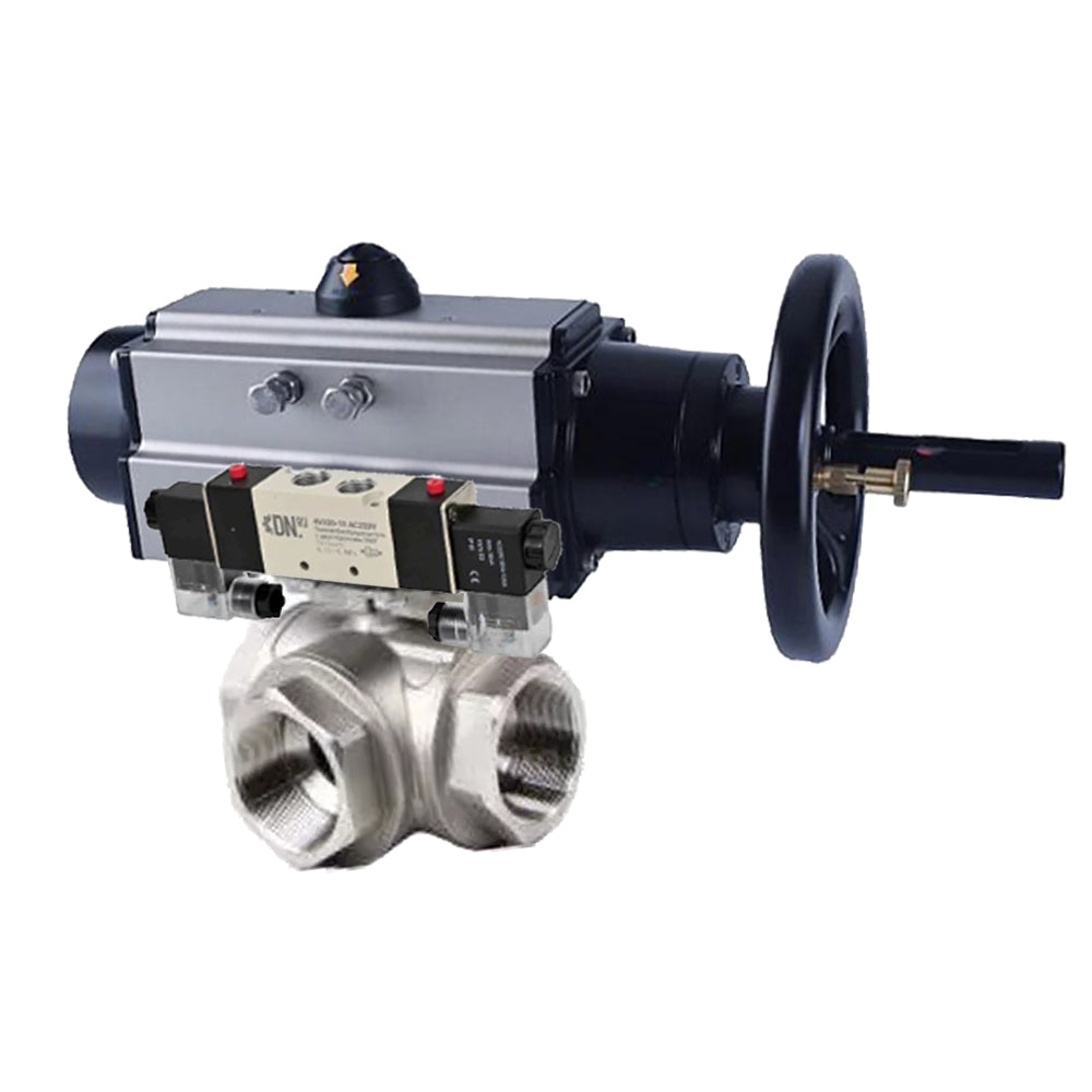 Kugelhähne Elephant BV3232P(4 Stück)-SP-3WL-T-ISO-H, Gehäusematerial - Edelstahl AISI 316, Dichtung - PTFE / PTFE / Teflon, mit pneumatischem Doppelwirkungsantrieb PA-DA-105-1, 4V320-10 220V