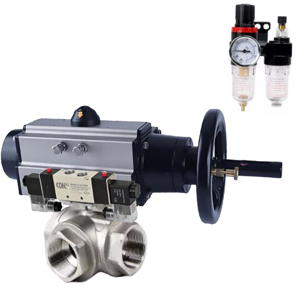 Kugelhähne Elephant BV3232P(4 Stück)-SP-3WL-T-ISO-H, Gehäusematerial - Edelstahl AISI 316, Dichtung - PTFE / PTFE / Teflon, mit pneumatischem Doppelwirkungsantrieb PA-DA-105-1, 4V320-10 220VATU AFC2000