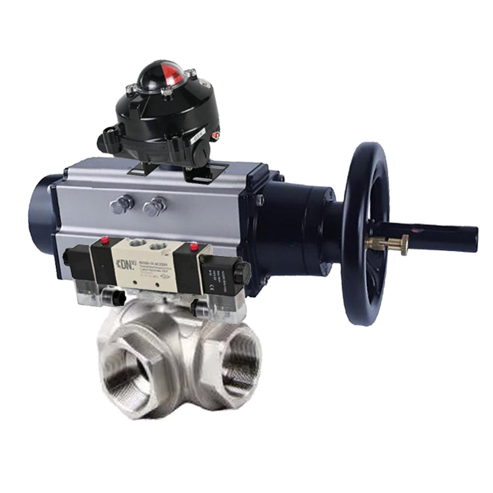 Kugelhähne Elephant BV3232P(4 Stück)-SP-3WL-T-ISO-H, Gehäusematerial - Edelstahl AISI 316, Dichtung - PTFE / PTFE / Teflon, mit pneumatischem Doppelwirkungsantrieb PA-DA-105-1, 4V320-08 220V, LSU APL-410N Ex