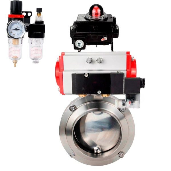 Water Butterfly valves Elephant WBV3131E-2W-W-H, body material - stainless steel AISI 304, seal - EPDM, with pneumatic actuator PA-DA-052 double action, 4M310-08 NAMUR 24V, LSU APL-410N EX, ATU AFC2000