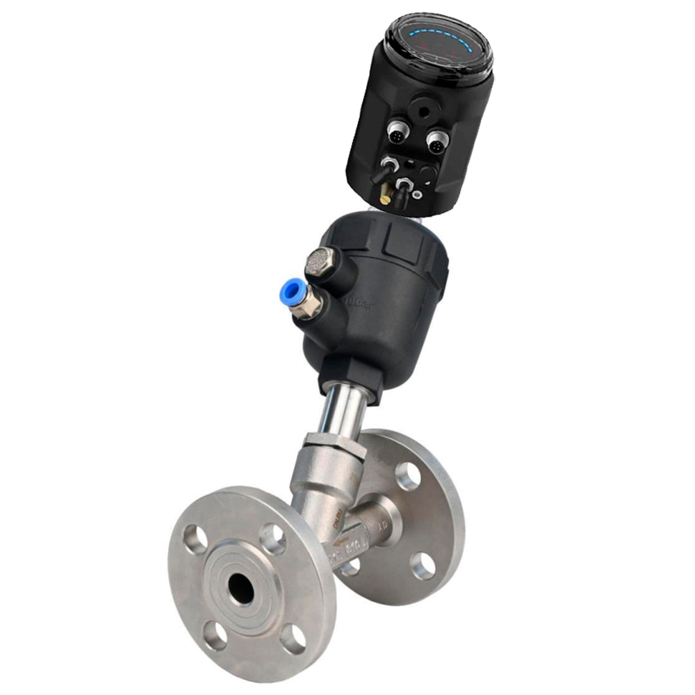 Pneumatic shut-off valves Elephant VSP324PV-F-1PNC, body - stainless steel SS316, flanged, Y-shaped, with electropneumatic intelligent positioner EIP-1500 (stroke 25-50mm)