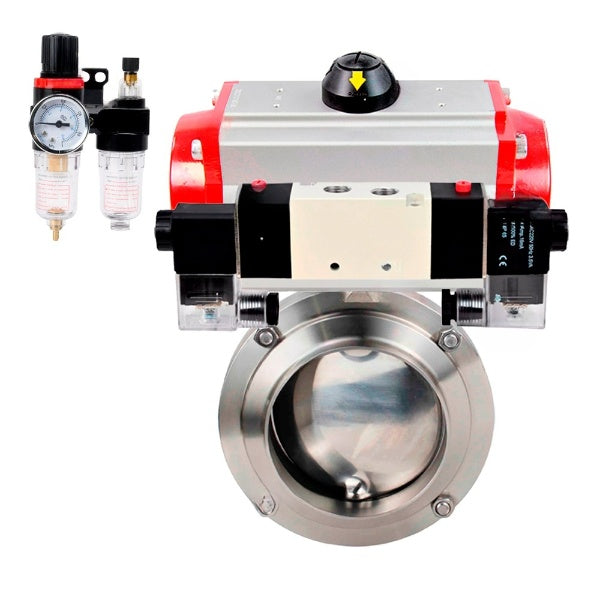 Water Butterfly valves Elephant WBV3131S-2W-W-H, body material - stainless steel AISI 304, seal - Silicon, with pneumatic actuator PA-DA-052 double action, 4V320-10 220V, ATU AFC2000