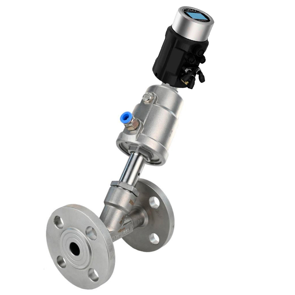 Pneumatic shut-off valves Elephant VSP3232PV-F-1PNC, body - stainless steel SS316, flanged, Y-shaped, with electropneumatic intelligent positioner EIP-1600 (stroke 25-50mm)