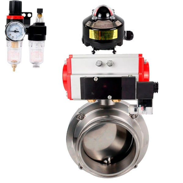 Water Butterfly valves Elephant WBV3131E-2W-T-H, body material - stainless steel AISI 304, seal - EPDM, with pneumatic actuator PA-SA, pneumatic distributor 4M310-08 NAMUR 24V, LSU APL-510N EX, ATU AFC2000