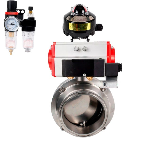 Water Butterfly valves Elephant WBV3131E-2W-C-H, body material - stainless steel AISI 304, seal - EPDM, with pneumatic actuator PA-DA-052 double action, 4M310-08 NAMUR 24V, LSU APL-510N EX, ATU AFC2000