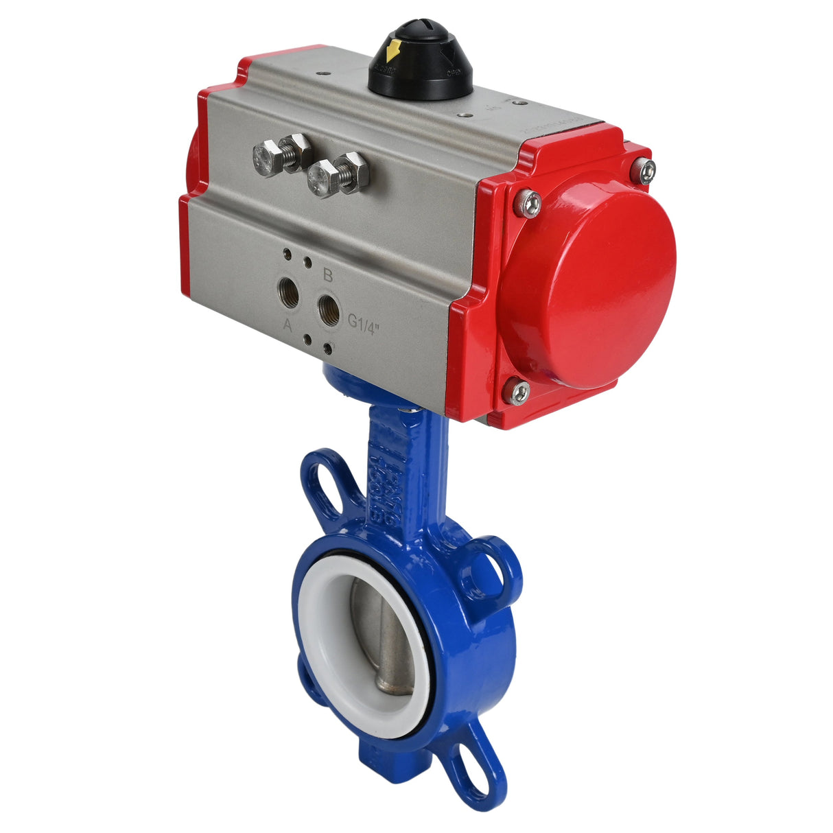 Wasserabsperrklappe Elephant st-316l-ptfe-elephant-sa, Gehäusematerial – Kohlenstoffstahl WCB, Scheibenmaterial – Edelstahl AISI 316L, Dichtung – PTFE, pneumatischer Antrieb betätigt