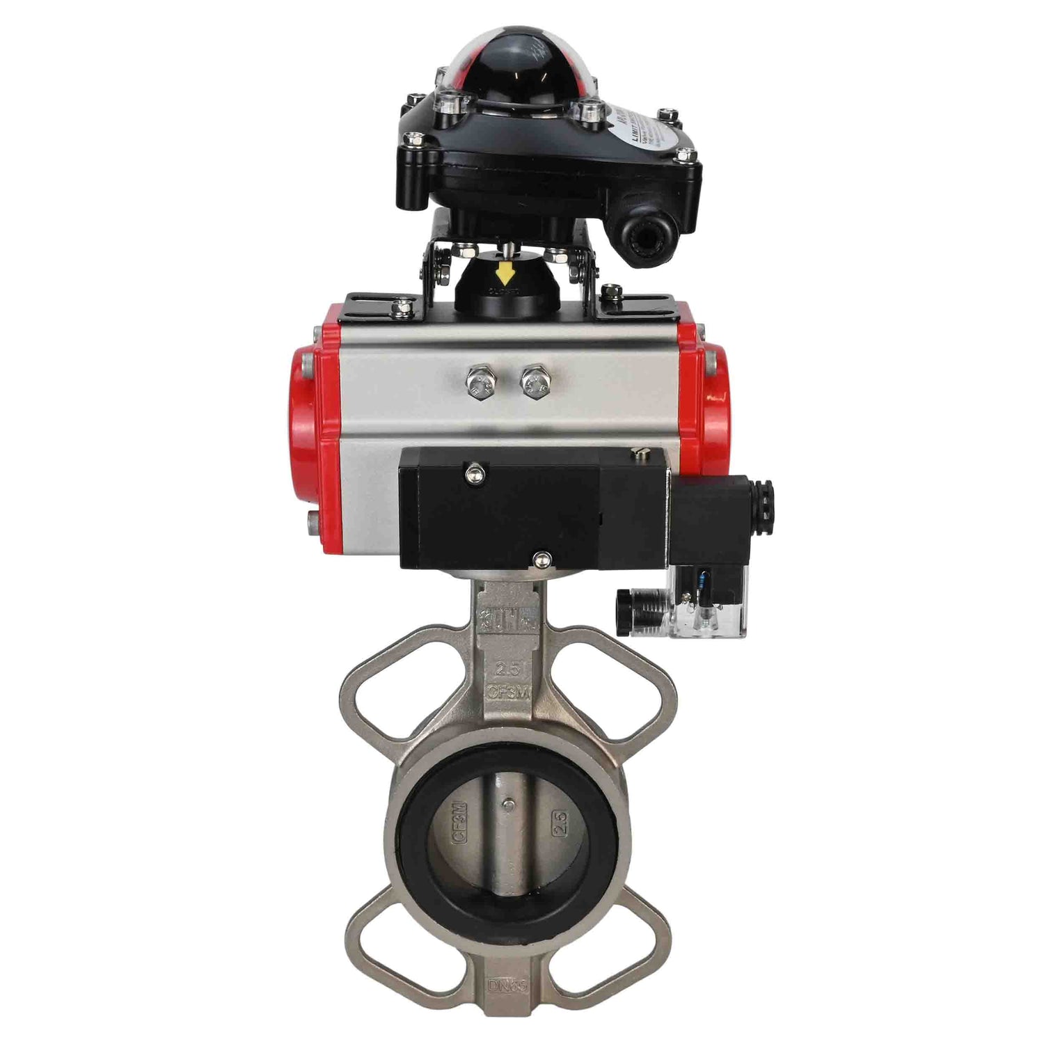 Water butterfly valve Elephant 316L-316L-NBR body material - stainless steel aisi 316l, disk material - stainless steel AISI 316L, seal - NBR with pneumatic actuator with return springs Elephant SA and pneumatic distributor 4M310-08 NAMUR  220V and limit