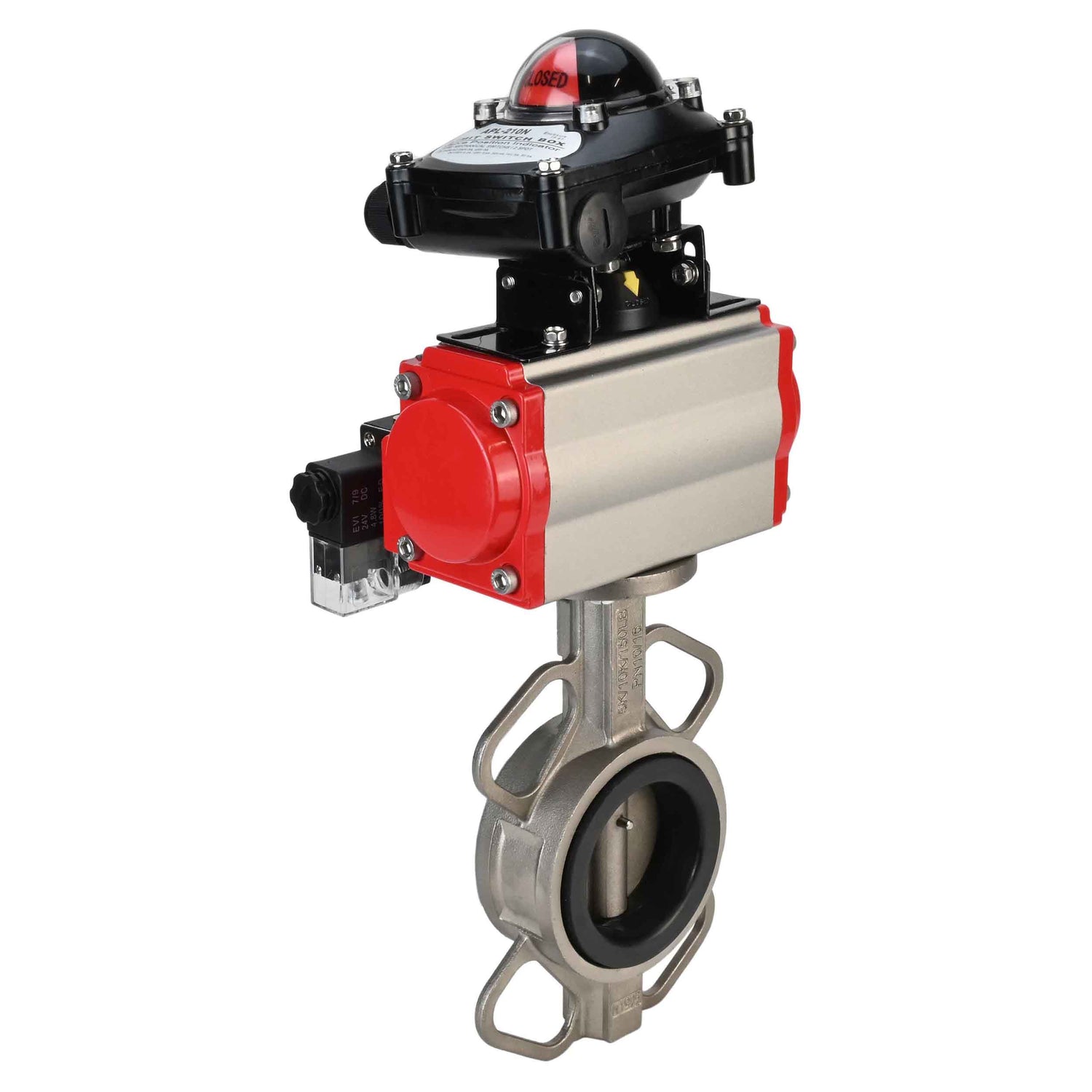 Water butterfly valve Elephant 316L-316L-NBR body material - stainless steel aisi 316l, disk material - stainless steel AISI 316L, seal - NBR with pneumatic actuator with return springs Elephant SA and pneumatic distributor 4M310-08 NAMUR  220V and limit