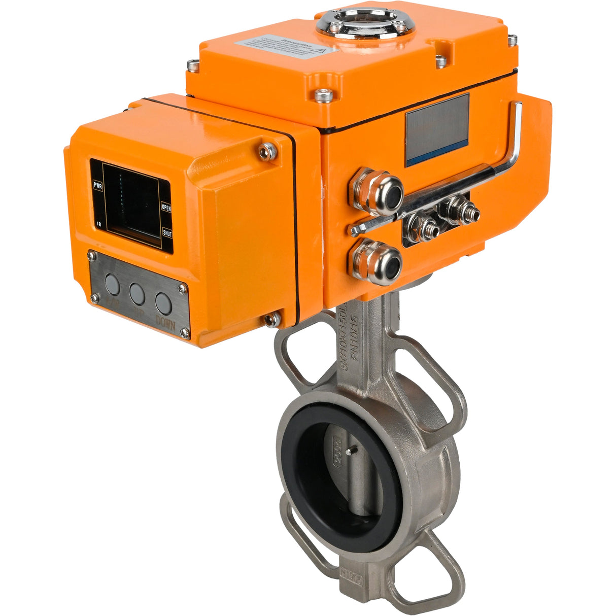 Wasser-Drosselklappe Elephant 316L-316L-VITON Gehäusematerial - Edelstahl aisi 316l, Scheibenmaterial - Edelstahl aisi 316l, Dichtung - Viton mit elektrischem Stellantrieb Elephant 220V, Rückführsensor und Eingangssteuersignal 0-10V