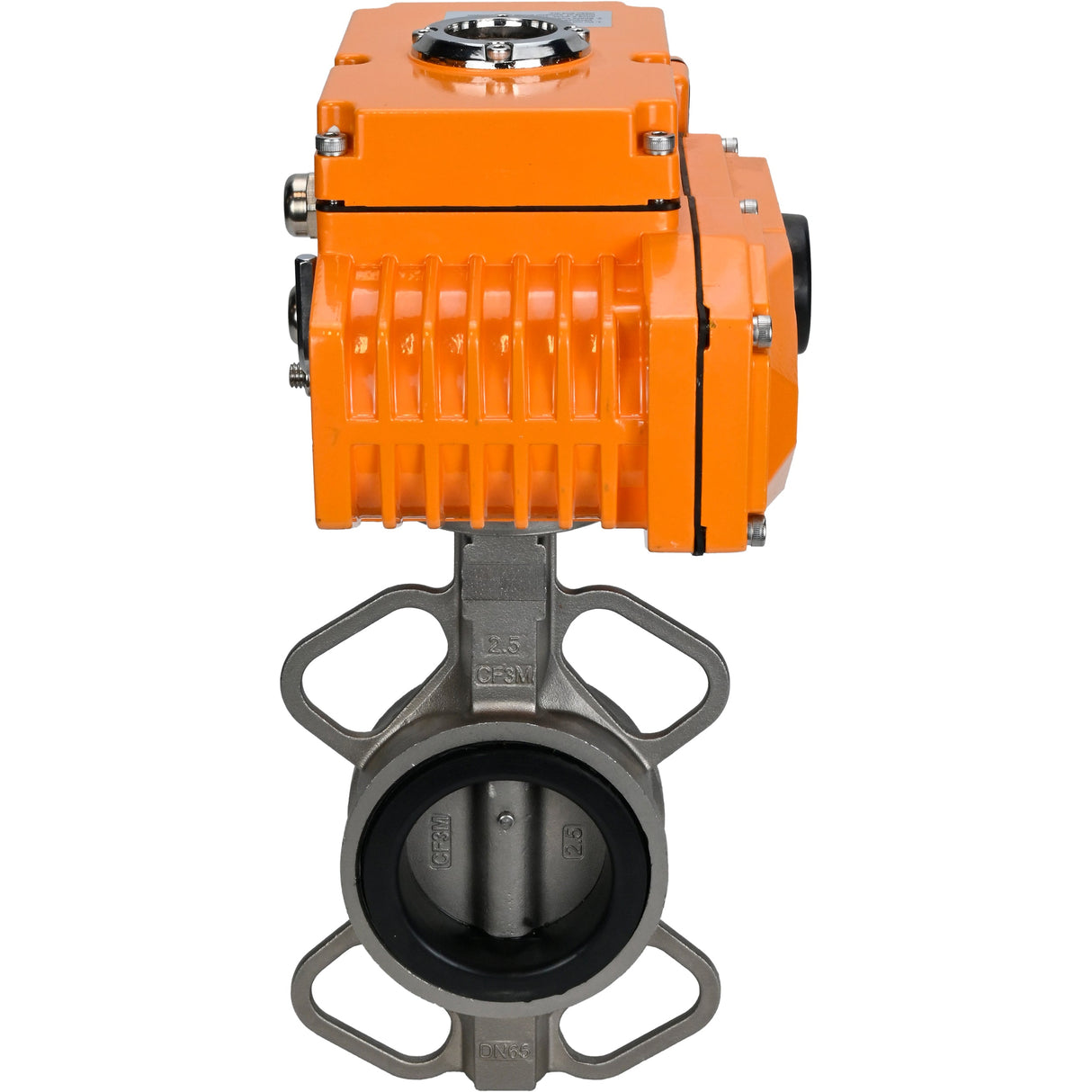 Wasser-Drosselklappe Elephant 316L-316L-VITON Gehäusematerial - Edelstahl aisi 316l, Scheibenmaterial - Edelstahl aisi 316l, Dichtung - Viton mit elektrischem Stellantrieb Elephant 220V, Rückführsensor und Eingangssteuersignal 0-10V