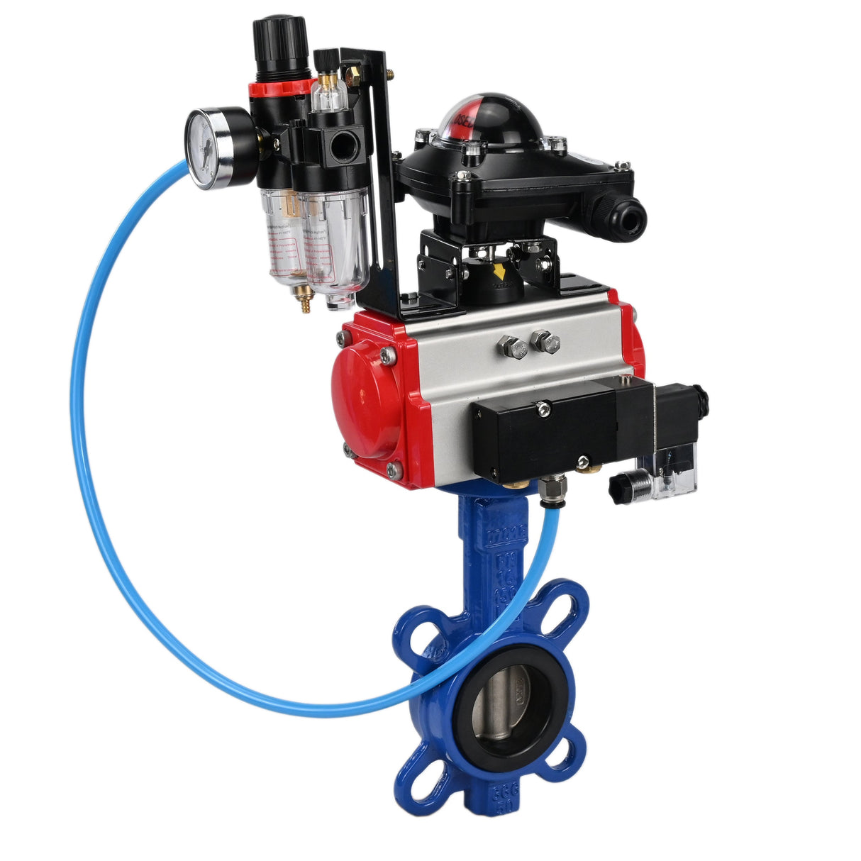 Wasser-Schmetterlingsventil Elephant WBV1413E-2W-Fb-H, Gehäusematerial - Gusseisen GGG50, Scheibenmaterial - Gusseisen GGG40, Dichtung - EPDM, mit pneumatischem Antrieb mit Rückstellfedern PA-SA, 4V320-08 220V, LSU APL-210N, ATU AFC2000