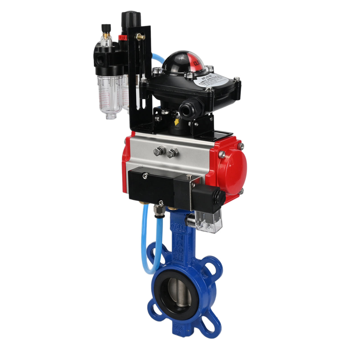 Wasser-Schmetterlingsventil Elephant WBV1413E-2W-Fb-H, Gehäusematerial - Gusseisen GGG50, Scheibenmaterial - Gusseisen GGG40, Dichtung - EPDM, mit pneumatischem Doppelwirkungsantrieb PA-DA, 4V320-10 220V, LSU APL-210N, ATU AFC2000